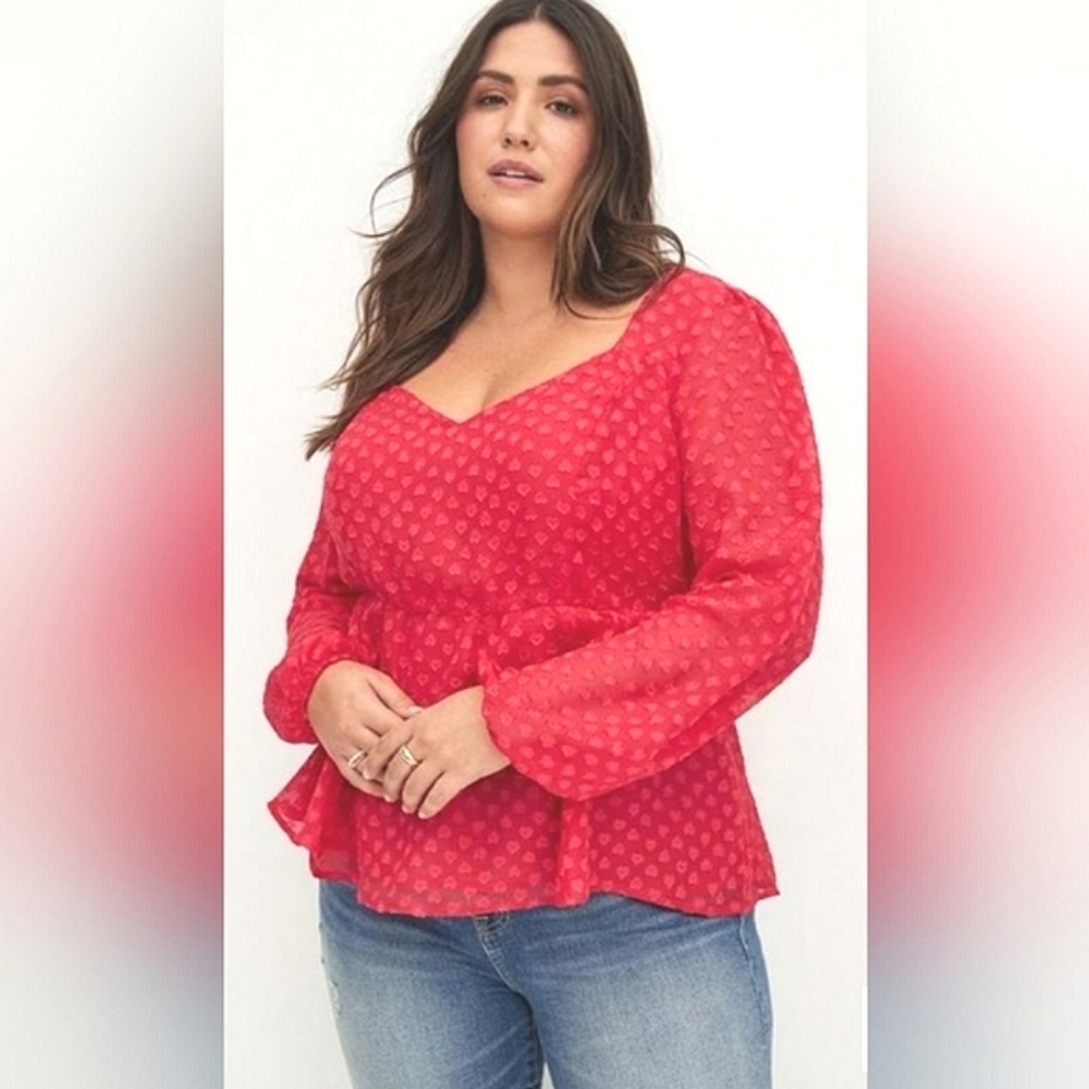 NWT Torrid Peplum Magenta Chiffon Swiss Dot Heart Blouse Long Sleeves Size 00x
